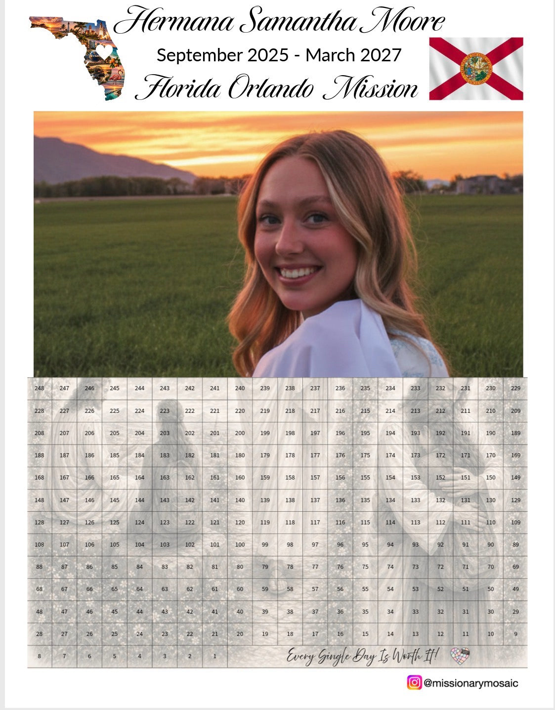 DAILY 17X22'' Sister Missionary Mosaic 18 Month Custom Countdown Calendar